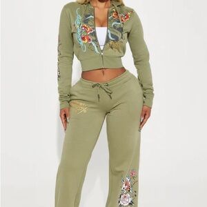 Floral Embroidered Olive Green Jumpsuit